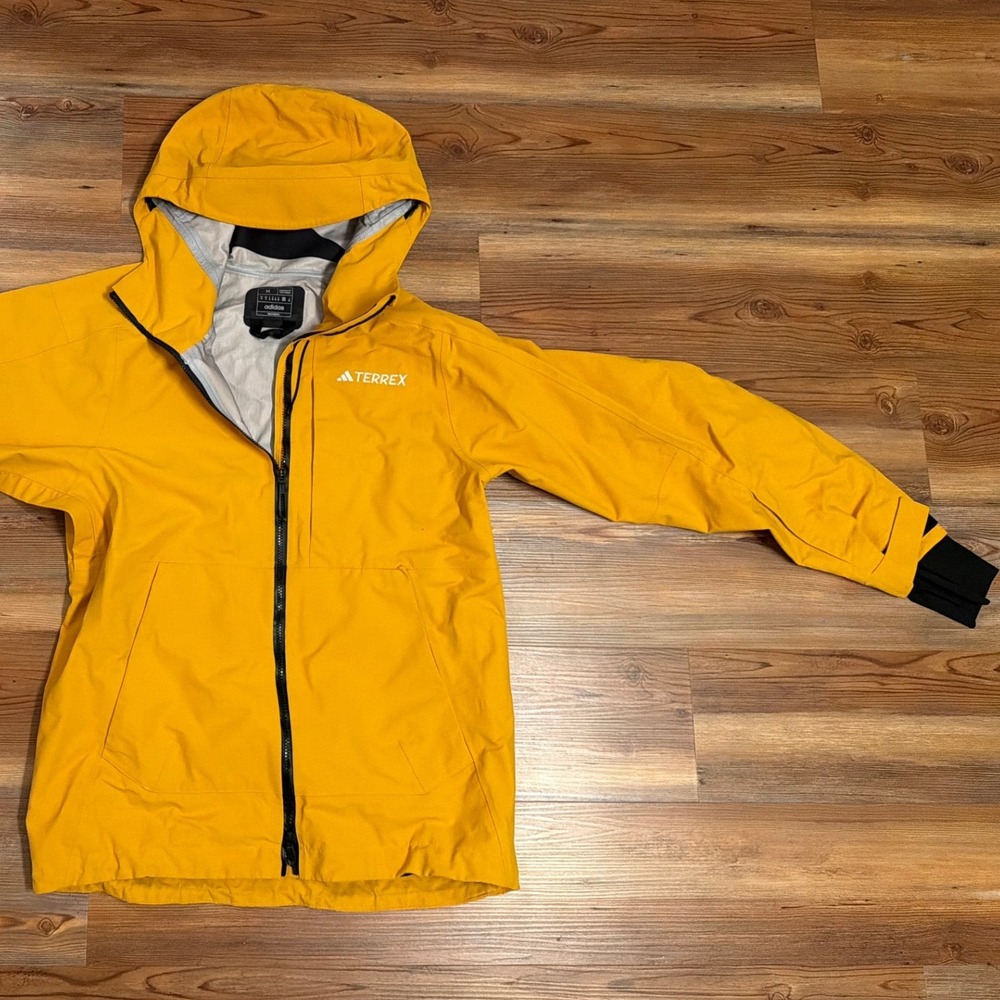 Adidas Terrex Mens Rain Jacket Yellow Hooded Full Zip Waterproof Shell Size M